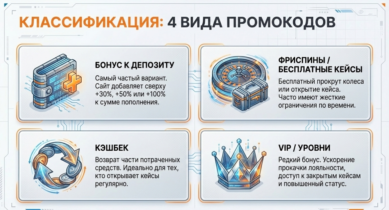 Основные типы промокодов CS2 в 2026